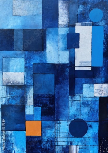 Indigo painting with geometric shapes, mixed media on canvas. Contemporary painting on canvas. Modern poster for wall decoration