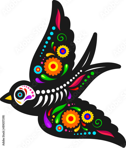 Mexican day of the dead swallow bird animal sugar skull tattoo. Isolated vector vibrant flying bird with bones, intricate patterns, bold colors and floral motifs, symbolizing joy of life and death