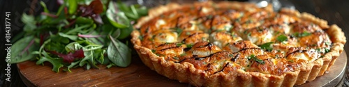 A freshly baked goat cheese tort served with salad at a cafe or restaurant. 