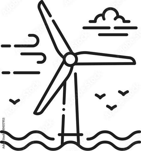 Green energy, clean and eco wind power linear icon. Alternative energy source, clean electricity production linear vector sign. Green power generation line pictogram with wind turbine on sea shelf