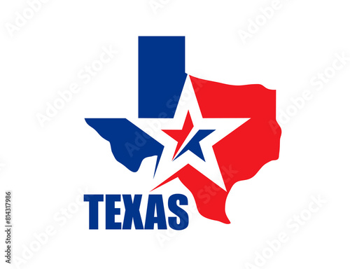Texas state symbol, map icon with flag and star. Red, white and blue vector silhouette of Texas map in colors of lone star state flag. South Central region of USA country badge or t-shirt print