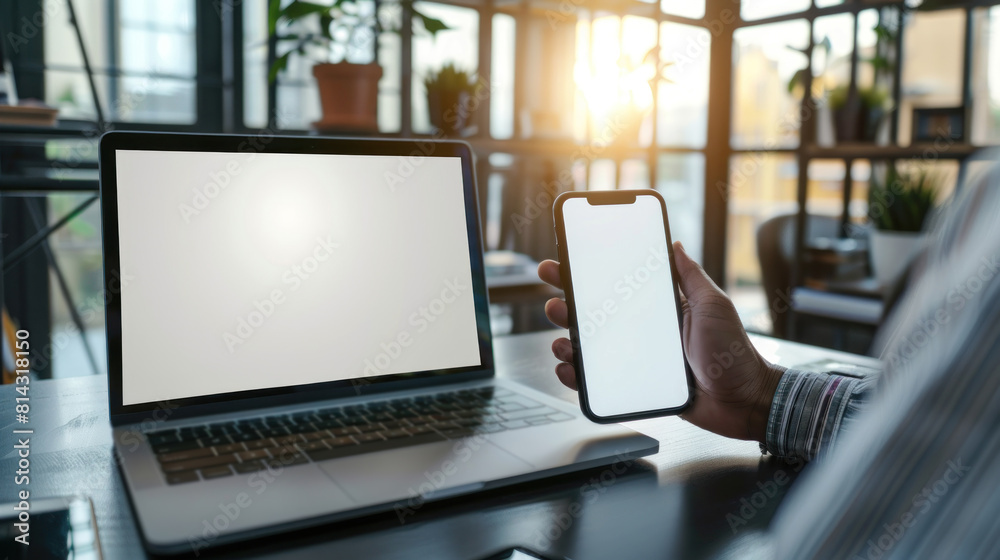 Mockup empty, a person is working on a laptop with a white screen, another person is holding a phone with a white screen, modern office in the background. Mockup empty, a person is working on a laptop with a white screen, another person is holding a phone with a white screen, modern office in the background.