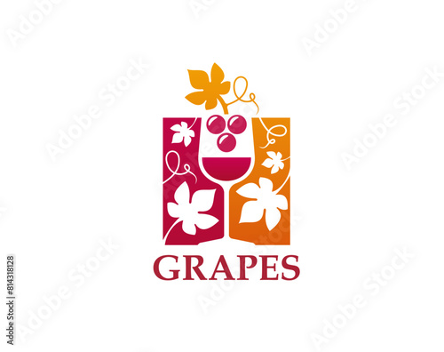 Grapes and wine glass icon for winery or winemaking company label, vector emblem. Wineglass with grape vine leaf icon for alcohol drink bottle, premium brand vineyard and viniculture sign