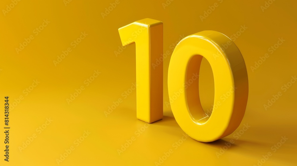 Realistic glossy yellow number 10 in 3D style imitation on a yellow background Realistic glossy yellow number 10 in 3D style imitation on a yellow background