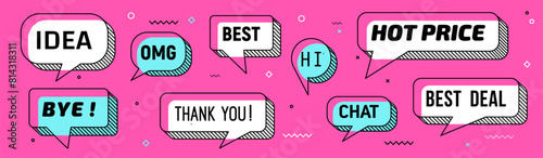 Memphis speech bubbles and message clouds with text, vector thin line frames. Message bubbles for sale hot price and best deal, OMG and Hi or Thank you and Idea speech clouds in Memphis style