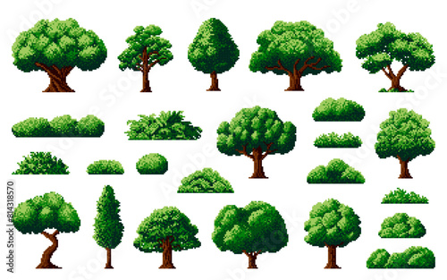 8bit forest, pixel trees and bushes for arcade game assets, vector nature elements. Arcade video game UI and UX assets of garden or park green trees and plants with leaves of oak, birch or willow © Vector Tradition
