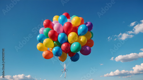 Birthday baloon flying for party. Bunch of flying helium balloon for birthday or anniversary congratulation concept.