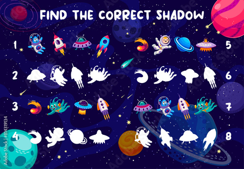 Shadow match game worksheet with UFO and space rocket, alien and spaceship, vector quiz. Kids game to find correct shadow or silhouette of astronaut spaceman and spaceship, planet and alien in space