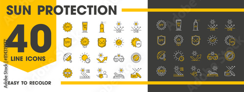 SPF, sunscreen, sun and ultraviolet protection line icons. UV skin protect and summer care cosmetics vector outline symbols, sunscreen and sunblock cream, sunburn and tanning lotion, umbrella, glasses