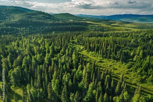 Aerial top view green forest and green trees in rural Altai Drone