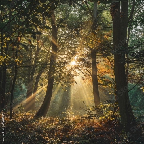 Beautiful forest with bright sun shining through the trees. Scenic forest of trees framed by leaves  with the sun casting its warm rays through the foliage at