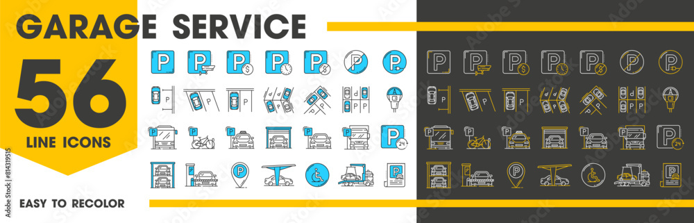 Automatic garage service and parking icons. Line symbols of vector car park slots with bike, bicycle, auto, bus and truck vehicles. Public transport parking area sign, garage lift, ticket, map pointer Automatic garage service and parking icons. Line symbols of vector car park slots with bike, bicycle, auto, bus and truck vehicles. Public transport parking area sign, garage lift, ticket, map pointer