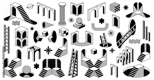 Psychedelic trippy y2k surreal elements with stairs and arch. Isolated vector set of monochrome psychedelic arcs, ladders, windows and holes. Planets, starry space sky, cubes and waves, roman columns