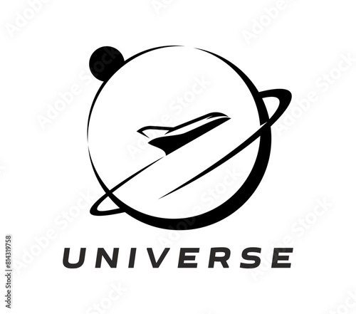 Spaceship icon of space rocket or galaxy shuttle on planet orbit for spaceflight program, vector emblem. Spaceship rocket on planet orbit sign for astronauts academy or galaxy exploration center