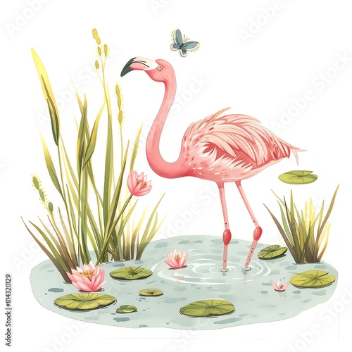A beautiful flamingo stands in a pond surrounded by water lilies photo