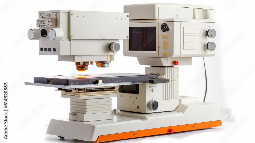 An ophthalmic laser system used in eye surgery, isolated on white.