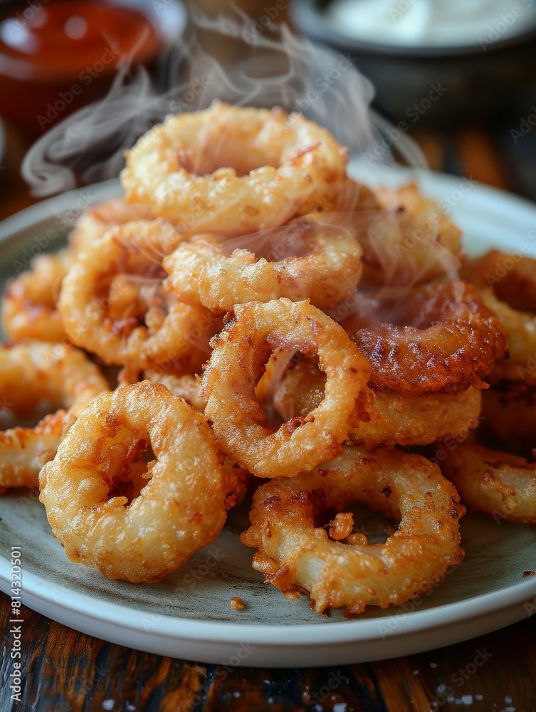 Delicious fried Calamari, or onion rings, served on a platter at a restaurant with a side dipping sauce. Delicious fried Calamari, or onion rings, served on a platter at a restaurant with a side dipping sauce.