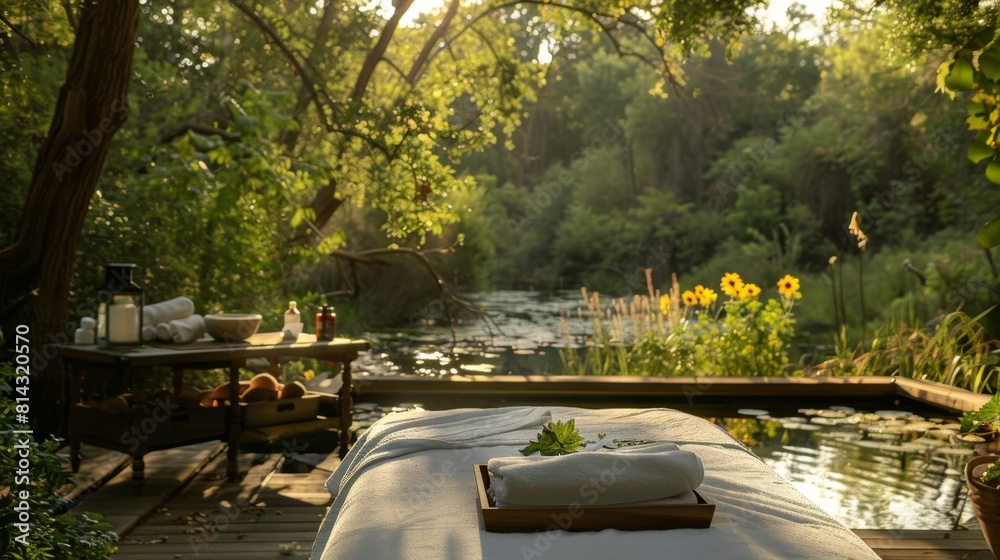 An outdoor setting where a man receives a massage on a deck overlooking a tranquil forest. An outdoor setting where a man receives a massage on a deck overlooking a tranquil forest.