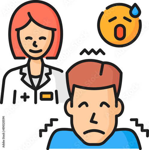 Phobia iatrophobia or fear of medical procedure, mental health and psychology problem, vector line icon. Cognitive disorder and mind anxiety neurosis, outline icon of person with iatrophobia phobia
