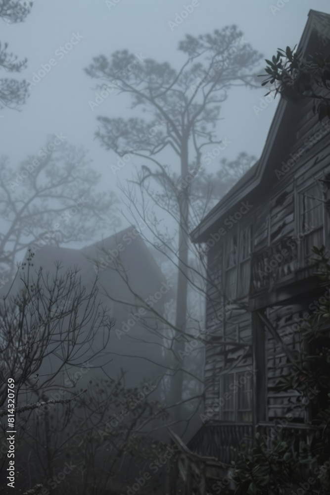 A thrilling haunted house attraction shrouded in mist and mystery, daring visitors to enter and face their fears, Generative AI A thrilling haunted house attraction shrouded in mist and mystery, daring visitors to enter and face their fears, Generative AI
