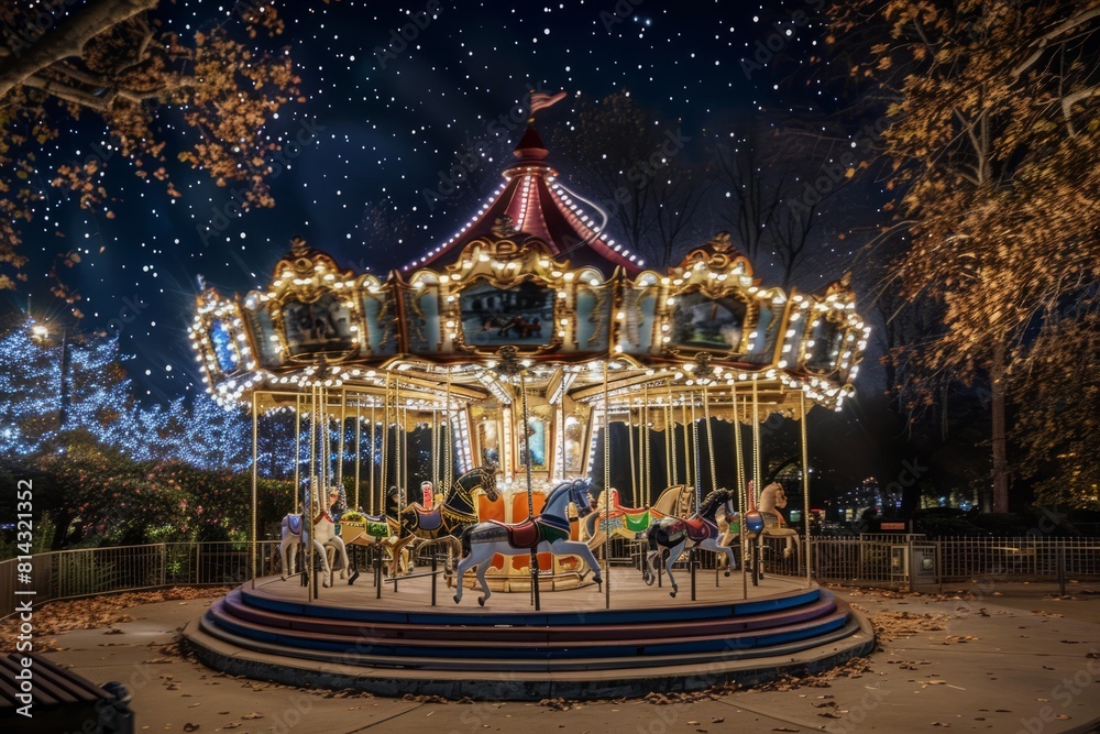 An enchanting carousel adorned with sparkling lights and whimsical animal figures, spinning joyfully under the moonlight, Generative AI An enchanting carousel adorned with sparkling lights and whimsical animal figures, spinning joyfully under the moonlight, Generative AI