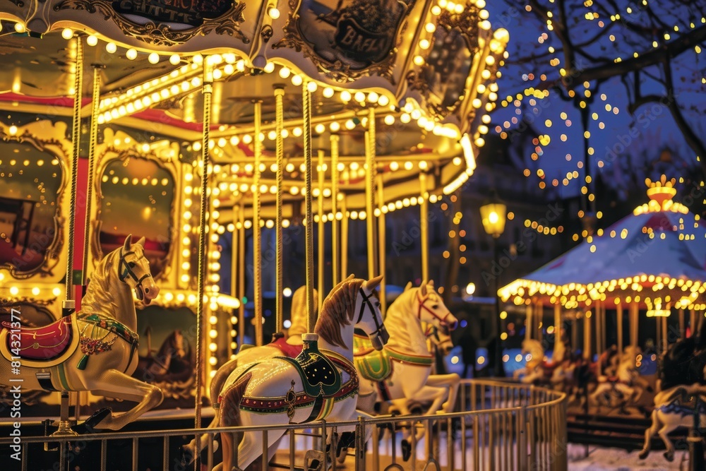 An enchanting carousel adorned with sparkling lights and whimsical animal figures, spinning joyfully under the moonlight, Generative AI