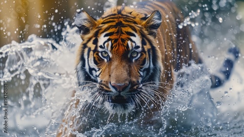 Siberian tiger  Panthera tigris altaica  low angle photo direct face view  running in the water directly at camera with water splashing around. Attacking predator in action. Tiger in taiga environment