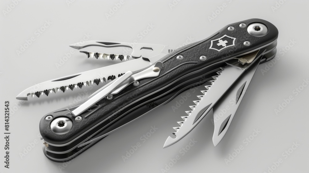 a camping multi-tool with extended blades and tools, displayed on a white background. a camping multi-tool with extended blades and tools, displayed on a white background.