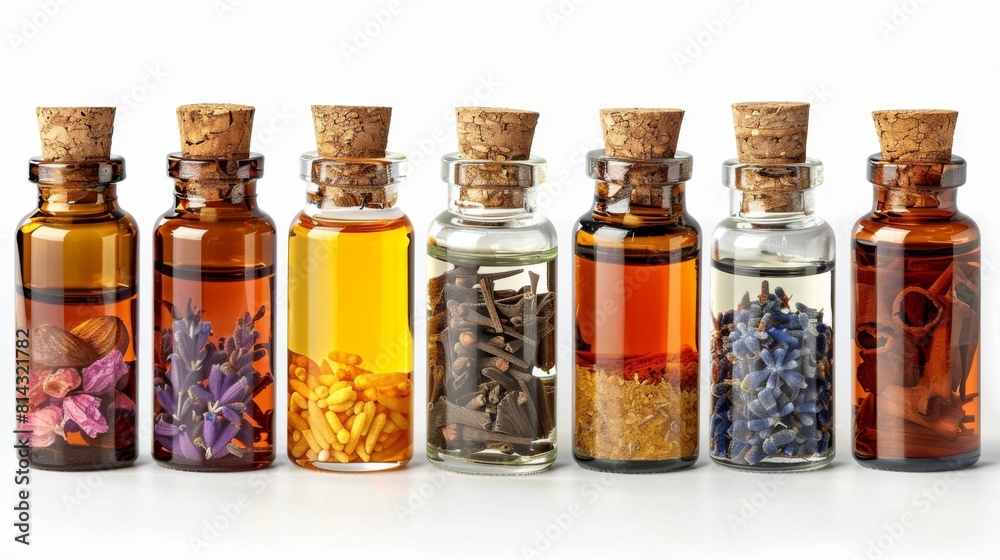 a collection of essential oil bottles for aromatherapy, displayed neatly, isolated on white. a collection of essential oil bottles for aromatherapy, displayed neatly, isolated on white.