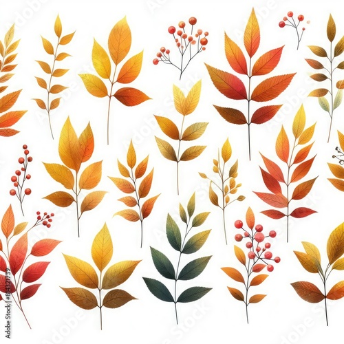 series of plants with leaves in warm  autumnal colors ranging from yellow to orange and red  with a soft  translucent watercolor effect  a variety of leaf shapes and sizes  some with small berries or 