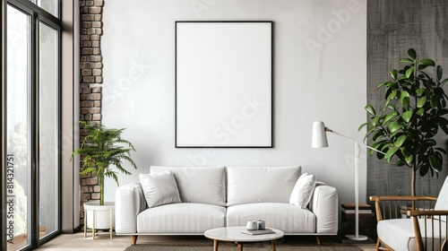 Single vertical ISO A0 frame mockup  reflective glass  mockup poster on the wall of living room. Interior mockup. Apartment background. Modern Japandi interior design. 3D render