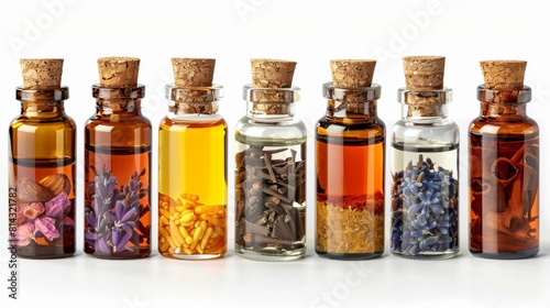 a collection of essential oil bottles for aromatherapy, displayed neatly, isolated on white.