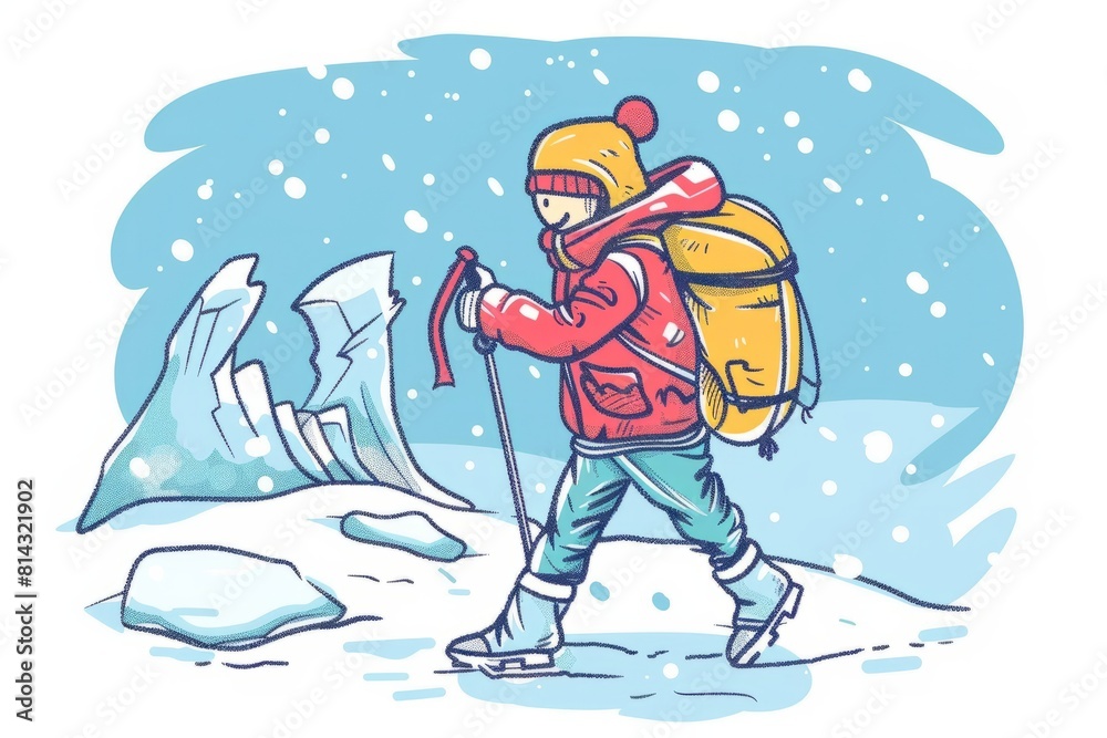 Cartoon cute doodles of a solo explorer trekking through icy tundra, bundled up in warm clothes and braving the cold winds, Generative AI Cartoon cute doodles of a solo explorer trekking through icy tundra, bundled up in warm clothes and braving the cold winds, Generative AI