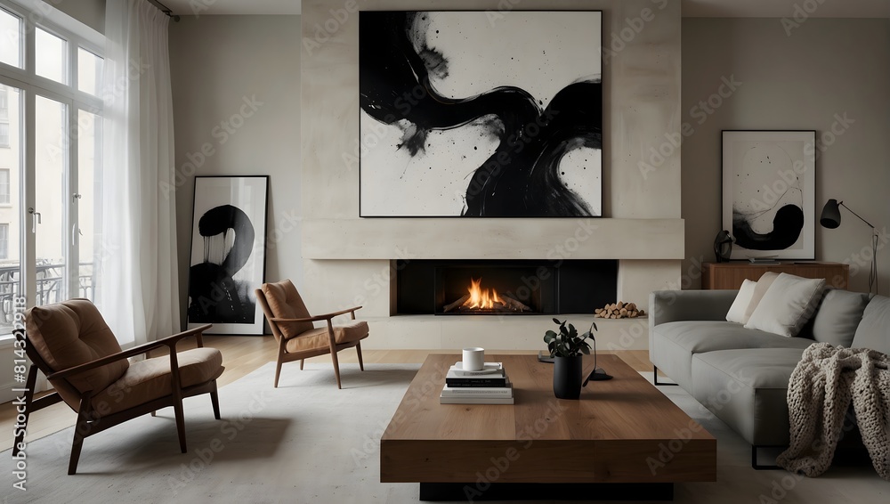 Picture of Scandinavian interior design of a cozy modern living room, featuring a ...