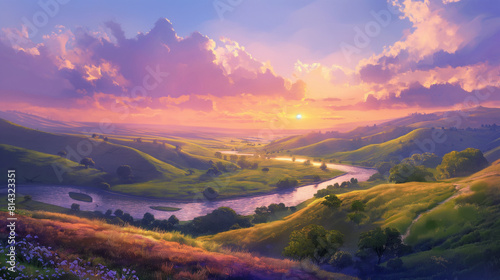realistic landscape painting depicting a serene countryside with rolling hills, a meandering river, and a colorful sunset in the background