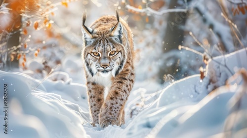 Snow nature. Lynx face walk. Winter wildlife in Europe. Lynx in the snow  snowy forest in February. Wildlife scene from nature  Slovakia. Winter wildlife in Europe.