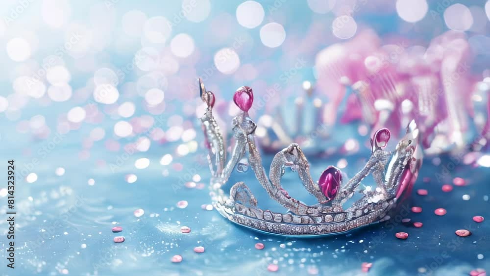 Silver tiara with pink gemstones on glittery blue background