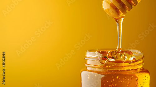 Honey drips from a wooden dipper over yellow background