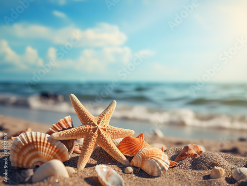 Summer holidays illustration, sea mollusks on a beach sand against a sunny seascape