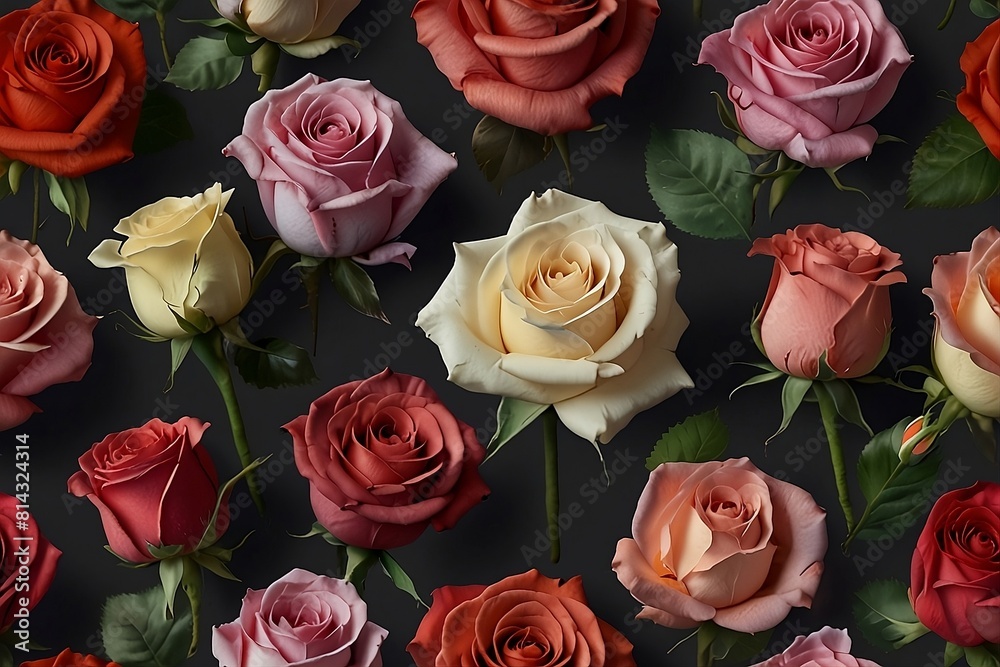 Collection set of red pink cream violet stalk of rose roses flower floral top view on black background cutout file. Mockup template artwork graphic design