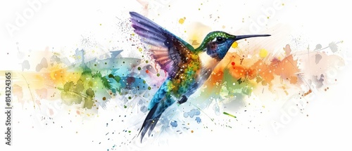 A cute watercolor of a hummingbird darting through a rain of glistening pollen