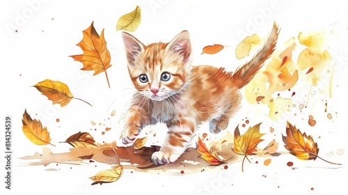 A cute watercolor of a playful kitten chasing autumn leaves