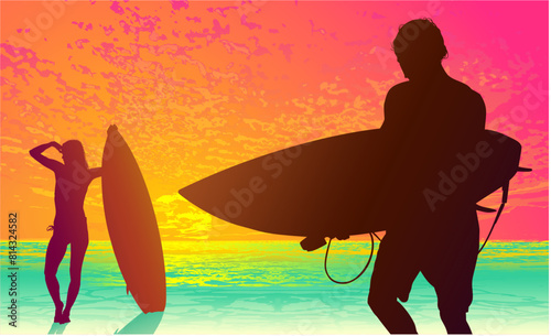 surfistas, contraluz, vector, tabla, surf, mar, atardecer, mujer surfista, silueta, tablista, ilustracion, arte surf, rosa, surfista en la playa, chica surf, mujer