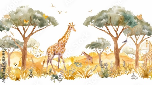 A cute watercolor of a savannah scene with acacia trees and roaming giraffes  illustrating the interconnected food chains  cleverly adapted into isolated clipart on white