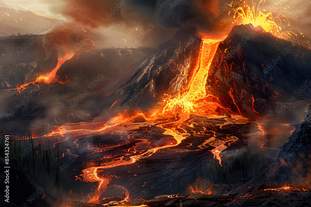 Majestic Display of Nature's Power: Fiery Volcano Eruption and Lava Flow at Night