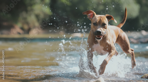 Energetic Dog Leaping Through River With Enthusiastic Joy