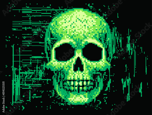 Green skull on a glitchy pixelated background. The concept of cybersecurity and malware.