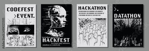 Set of futuristic posters with 8-bit pixel art illustrations of glitched human heads. Covers for hackathon (also known as a hack day, hackfest, datathon or codefest) event.
