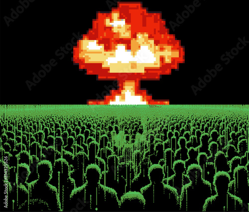 Pixel art illustration depicting a human crowd standing in front of a nuclear explosion. A conceptual representation of a dystopian future.