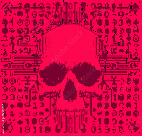 Skull on a glitchy pixelated background. The concept of cybersecurity and malware.